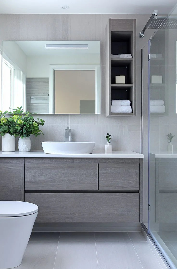 Designer Brisbane bathroom renovation with feature lighting